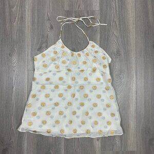 NWT Express Design Studio White Silk Halter Top with Gold & Silver Polka Dot Y2K